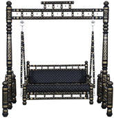 Antique Indian Hand Carved Black and Gold Painted Swing